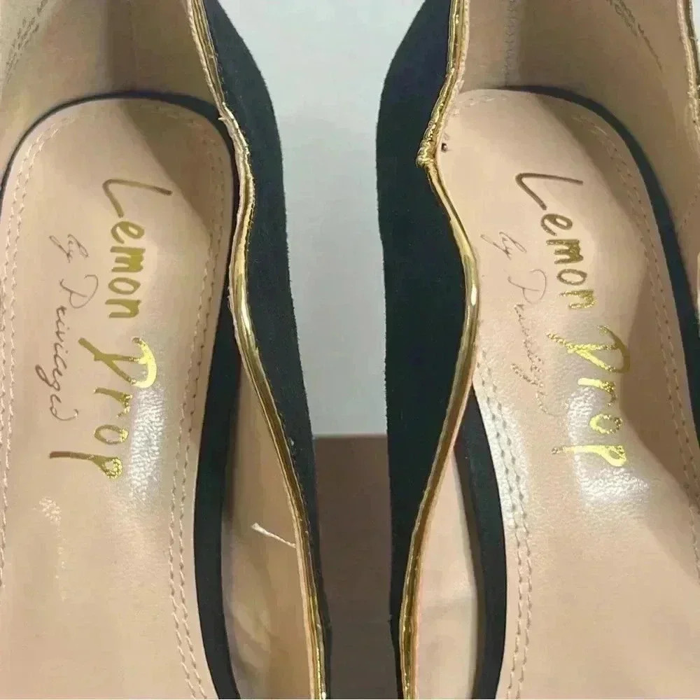 LEMON DROP BY PRIVILEGED BLACK HEELS GOLD TRIM SIZE 8.5 - Picture 10 of 15